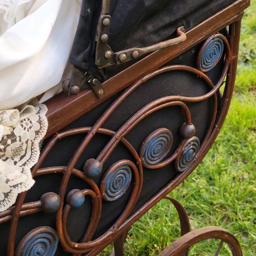 Antique collector rattan stroller set with porcelain doll used