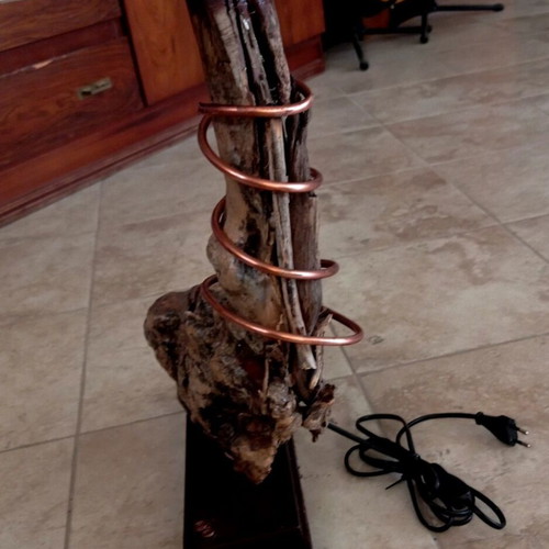Handmade Driftwood Table Lamp with Copper Spiral and New Lampshade