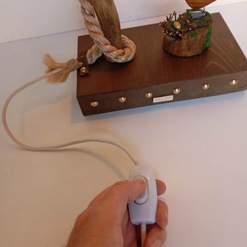 Handmade table lamp with natural driftwood and burlap