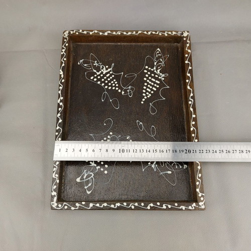 Vintage carved painted wooden bottle with 6 glasses on wooden tray used