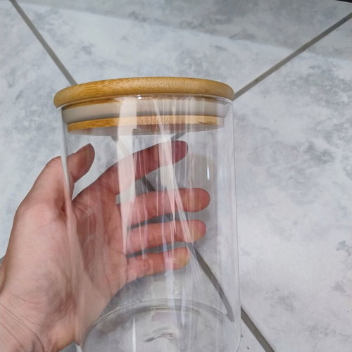 Glass jar with wooden lid like new