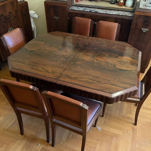 Art Deco dining set used with table, 6 chairs, sideboard and marble cabinets