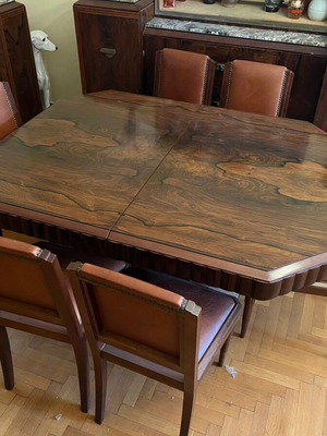 Art Deco dining set used with table, 6 chairs, sideboard and marble cabinets