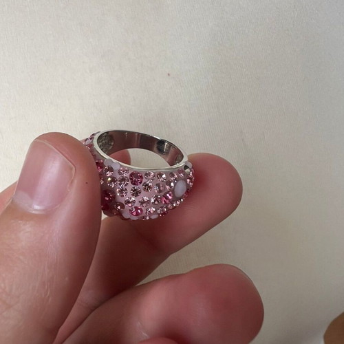 Cocktail ring with pink crystals new, silver tone