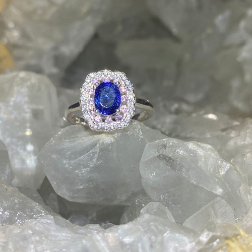 Handmade silver ring with natural blue sapphire, pink quartz & moissanites, size 7