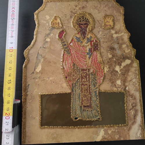 Saint Spyridon Religious Icon like new, marble with gold embroidery