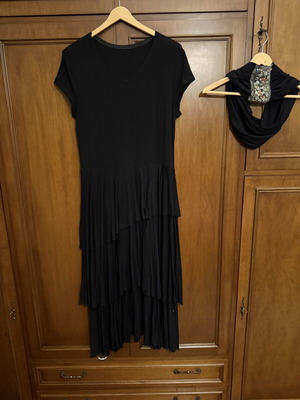 Black mako dress with asymmetric ruffle and versatile accessory, like new