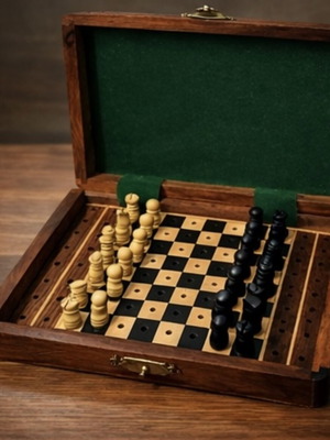 Vintage travel chess set walnut handmade like new 1950-1970