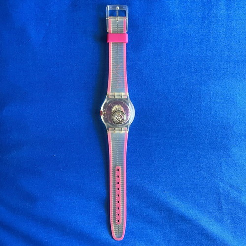 Swatch wristwatch with battery, pink silicone strap