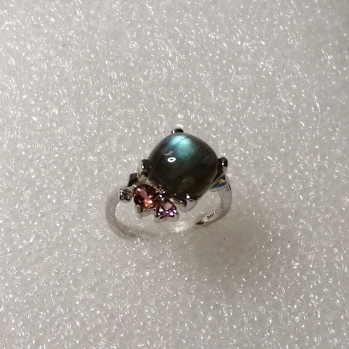 Silver ring 925 with labradorite and tourmaline hearts, new, size 54