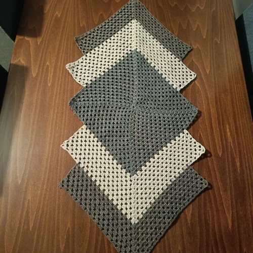 Handmade knitted table runner new with gray and beige shades