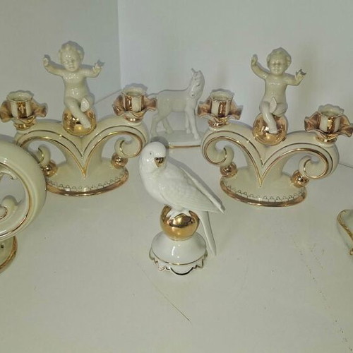 Bavaria Gerold & Co Tettau porcelain set with 2 candlesticks, 2 wall lamps and 2 decorations like new