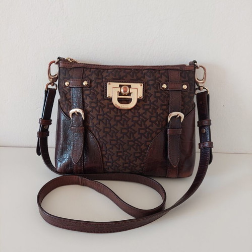DKNY crossbody bag used, leather and fabric, medium size, brown