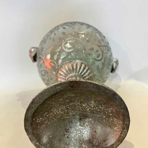Vintage glass decorative kaspo with silver detail used