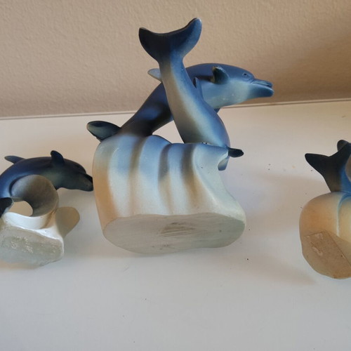 Decorative dolphin set used, pack of 3, blue-cream matte finish