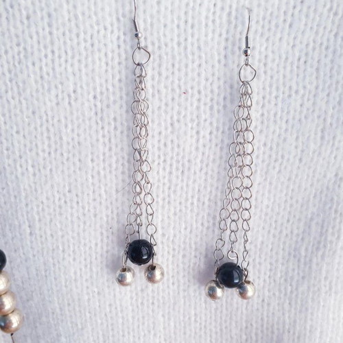 Handmade black beaded long necklace and earrings set