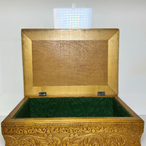 Wooden carved storage box used, handmade with fabric lining
