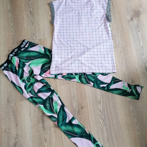 Adidas set like new, pink multicolor with leaf pattern, size 6 UK