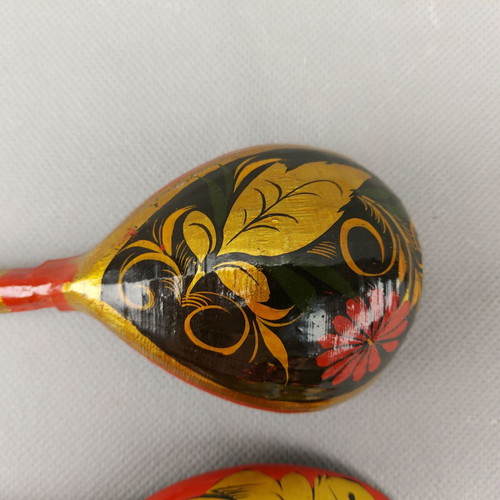 Old Hand-Painted Set of Two Russian Khokhloma Wooden Spoons Used