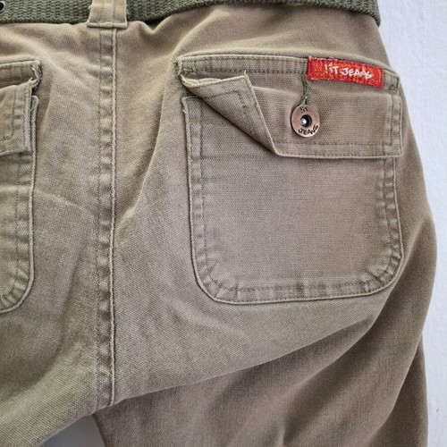 Vintage flare khaki pants with military belt, size XS, like new