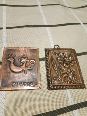 Vintage copper decorative plaques set of 2 used, Greek folk art