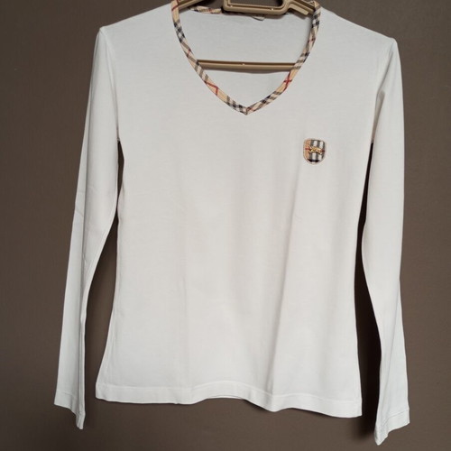 White women's long-sleeve blouse with classic checkered trim, like new