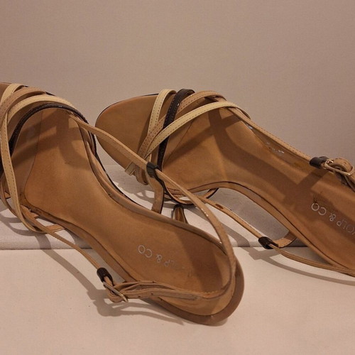 WOLP & CO. women's sandals with beige and brown straps, like new, gold heel