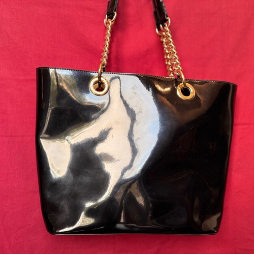 DKNY black PVC shoulder tote handbag with golden chain like new