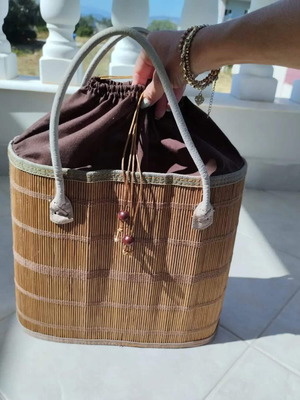 Ψάθινη τσάντα καφέ, σαν καινούργια, με ύφασμα και κορδόνι