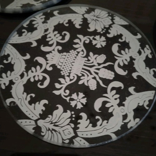 Glass placemats used, set of 6, black and silver design