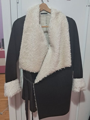 Sisley suede coat like new, black with white fur