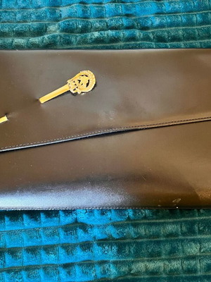 Vintage leather clutch bag used, black with gold detail