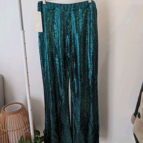 Shiny pants new with elastic waist, green