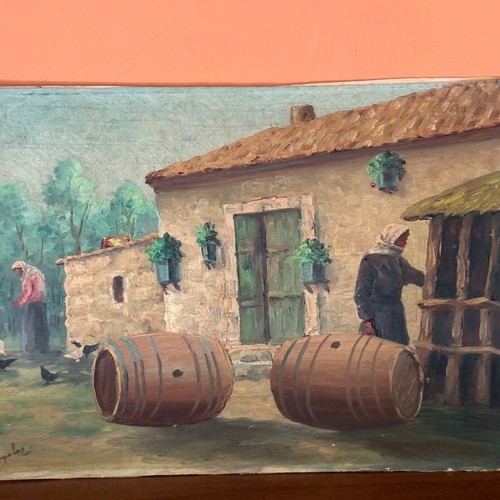 Painting used, signed, preparing barrels for wine storage