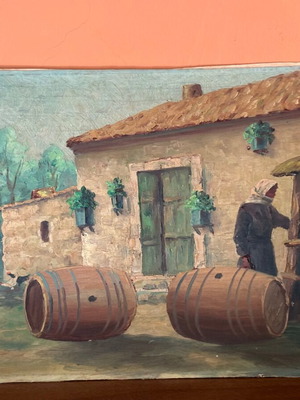 Painting used, signed, preparing barrels for wine storage