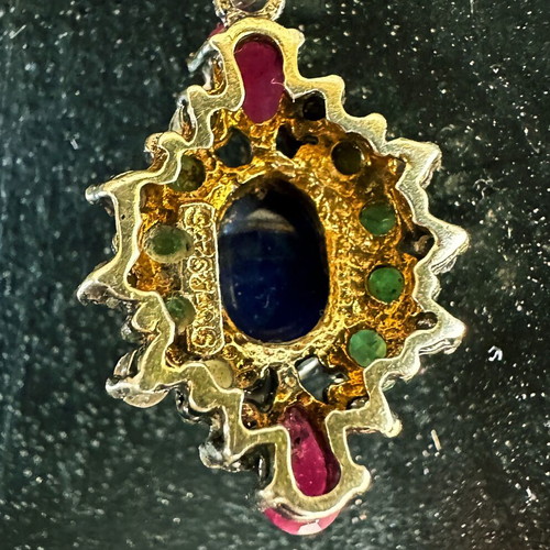 Vintage 925 Silver Pendant with Multicolored Stones and 9K Gold