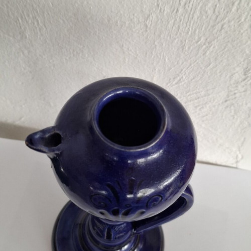 Handmade ceramic oil lamp with Sifnos style, cobalt blue, like new