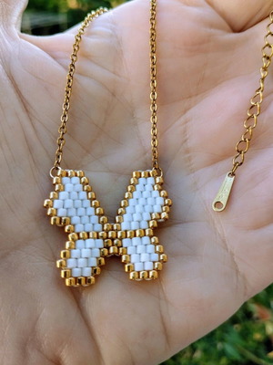Steel butterfly pendant necklace made to order, white and gold