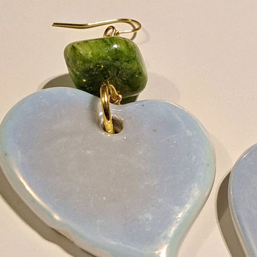 Earrings with ceramic white heart and green nephrite, like new
