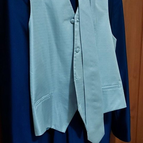 Groom suit Large blue, worn once with jacket, vest, shirt, pants, 2 ties and bow tie