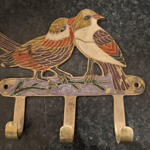 Vintage brass enamel wall decor for birds, vintage bronze box and decorative spoon used