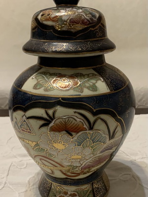 Vintage Satsuma Style Porcelain Vase Cobalt Blue with Lid like new