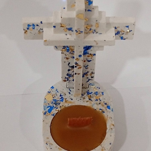 Handmade porcelain cross candle holder with pure beeswax and decorative leaves