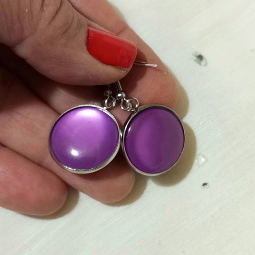 Round earrings with purple cabochon new stainless steel