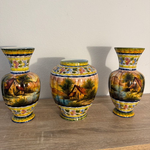 Hand-painted majolica vases used, set of 3