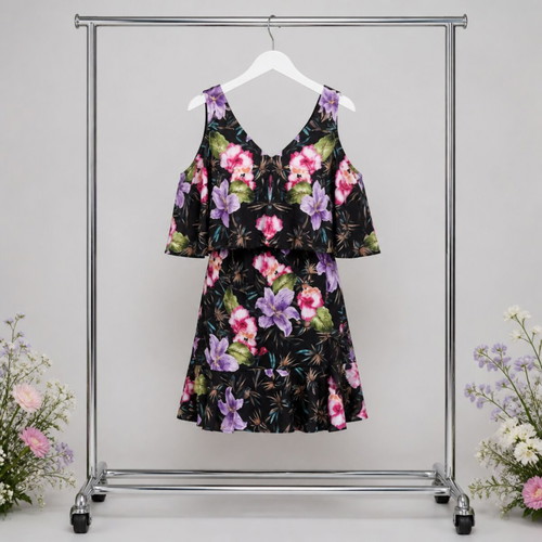 Summer Elegant Dress Tropical Print Shoulder Off Ruffle Size S Like New