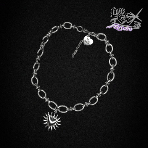 Love X Poison Stainless Steel Silver Chain Choker Necklace with Sunburst Heart Charm new handmade