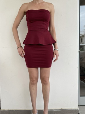 Μπορντό στράπλες μίνι φόρεμα με peplum, bodycon, εξαιρετική κατάσταση, μέγεθος S