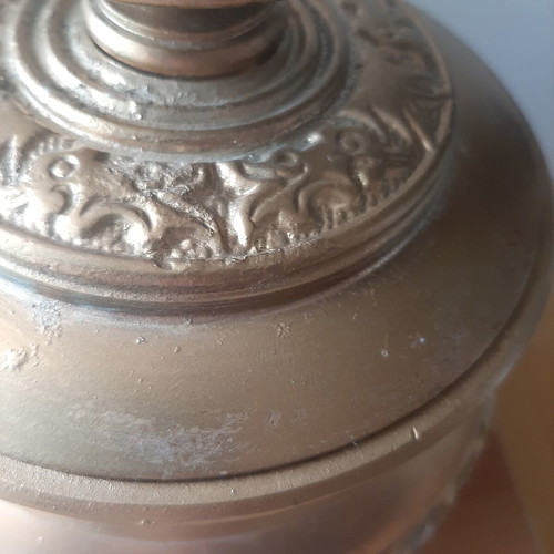 Vintage metal vessel with wooden base used, decorative aroma container