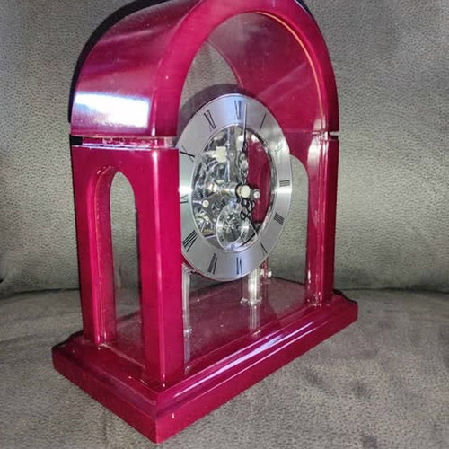 David Peterson Skeleton Mantel Clock like new, wooden with glass